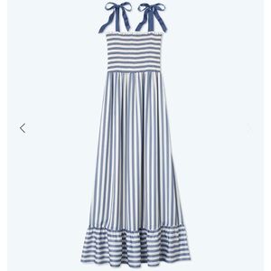 SUMMERSALT Silky Luxe Smocked Maxi Dress in Nautical Stripe Mountain Blue
